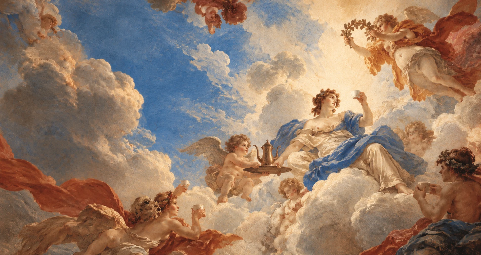 A Baroque ceiling painting: a goddess raising a cup among cherubs and clouds
