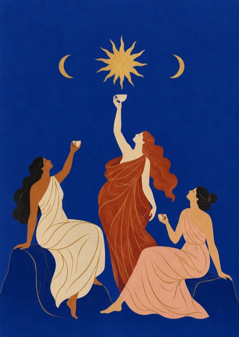 The Dial free print no. 003: three women in flowing robes raise coffee cups to a golden sun between two crescent moons